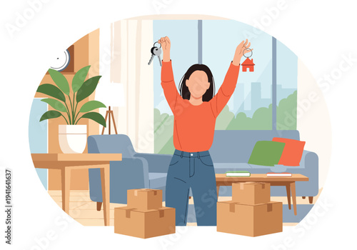 Flat vector illustration of woman celebrating first home purchase with house keys and moving boxes. Mortgage success and new homeowner lifestyle concept