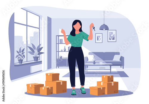 Flat vector illustration of woman celebrating first home purchase with house keys and moving boxes. Mortgage success and new homeowner lifestyle concept