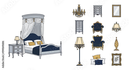 Elegant Canopy Bed with Nightstand and Decorative Lamps.
