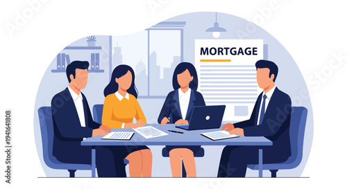 Flat vector illustration of couple consulting loan officer in bank office about mortgage financing. Financial advice, home loan approval and property investment concept