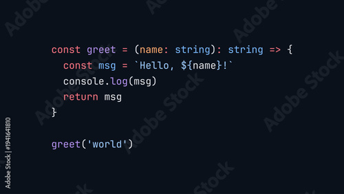 Javascript Hello World Function. Modern Developer Programmer Screen with Computer Programming Language Code with Color Syntax Highlighting. Vector Illustration.a