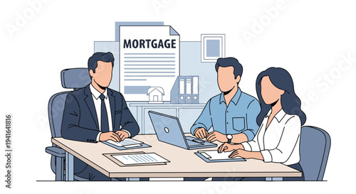Flat vector illustration of couple consulting loan officer in bank office about mortgage financing. Financial advice, home loan approval and property investment concept