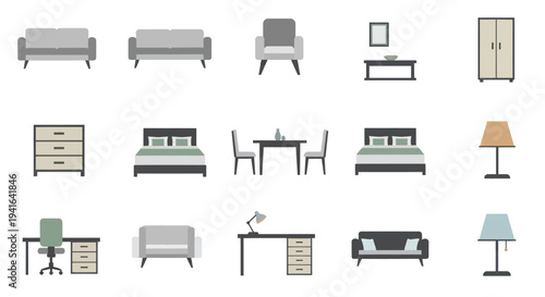 Collection of Various Furniture Items in a Flat Design Style.