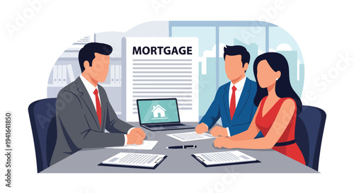 Flat vector illustration of couple consulting loan officer in bank office about mortgage financing. Financial advice, home loan approval and property investment concept