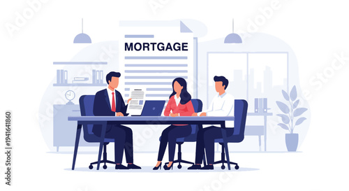 Flat vector illustration of couple consulting loan officer in bank office about mortgage financing. Financial advice, home loan approval and property investment concept