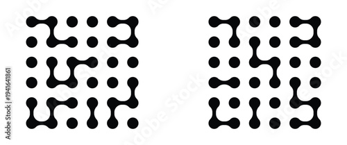 Abstract geometric figures of connected molecules. Pattern of black meta balls isolated on white background. Seamless horizontal border design element with fluid shapes and floating circular ink blobs