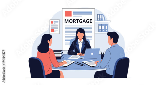 Flat vector illustration of couple consulting loan officer in bank office about mortgage financing. Financial advice, home loan approval and property investment concept
