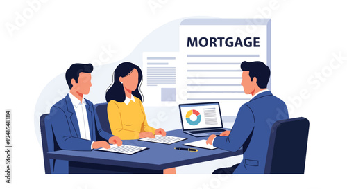 Flat vector illustration of couple consulting loan officer in bank office about mortgage financing. Financial advice, home loan approval and property investment concept