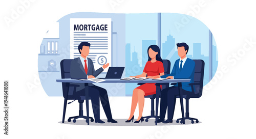 Flat vector illustration of couple consulting loan officer in bank office about mortgage financing. Financial advice, home loan approval and property investment concept