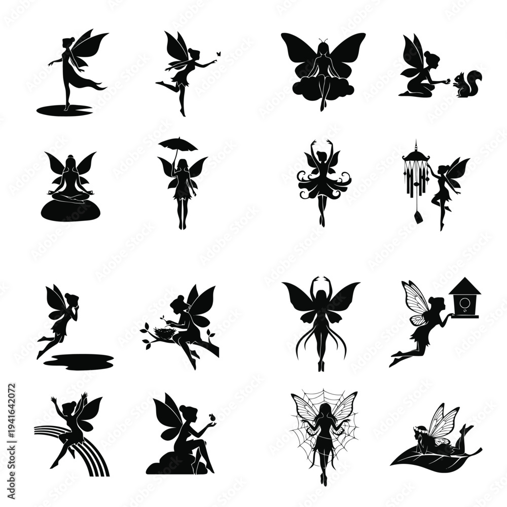 Fototapeta premium Collection of magical fairy silhouettes in various poses and activities.