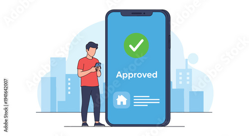 Flat vector illustration of young man receiving mortgage approval notification on smartphone with checkmark and house icon. Online banking and digital home loan process concept