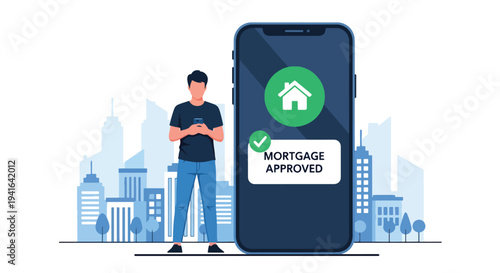 Flat vector illustration of young man receiving mortgage approval notification on smartphone with checkmark and house icon. Online banking and digital home loan process concept