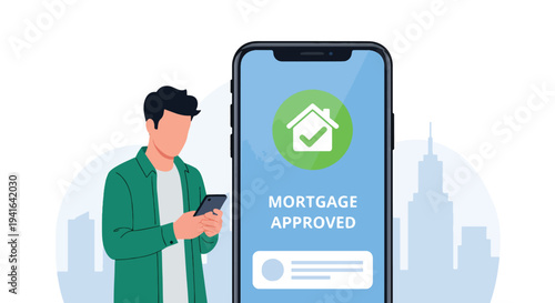 Flat vector illustration of young man receiving mortgage approval notification on smartphone with checkmark and house icon. Online banking and digital home loan process concept