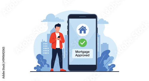 Flat vector illustration of young man receiving mortgage approval notification on smartphone with checkmark and house icon. Online banking and digital home loan process concept