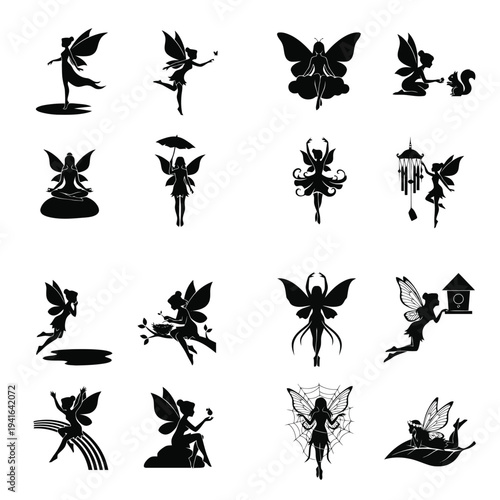 Collection of magical fairy silhouettes in various poses and activities.