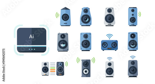 Collection of Various Modern Wireless Audio Speakers and AI Device.