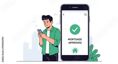 Flat vector illustration of young man receiving mortgage approval notification on smartphone with checkmark and house icon. Online banking and digital home loan process concept