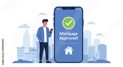 Flat vector illustration of young man receiving mortgage approval notification on smartphone with checkmark and house icon. Online banking and digital home loan process concept