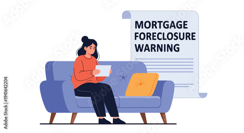 Modern flat vector illustration of worried homeowner holding foreclosure notice while sitting on couch. Mortgage debt risk and financial difficulty concept