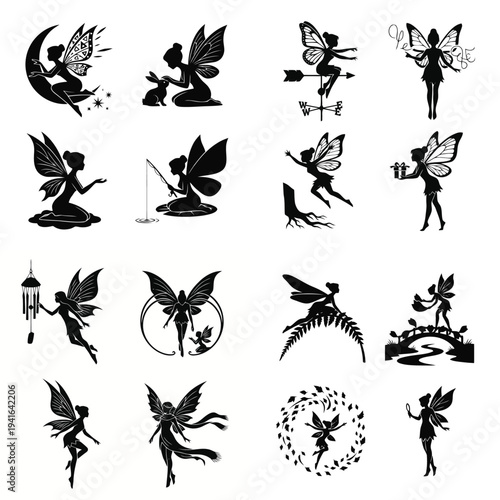 Collection of elegant fairy silhouettes in various whimsical poses and magical nature settings.