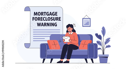 Modern flat vector illustration of worried homeowner holding foreclosure notice while sitting on couch. Mortgage debt risk and financial difficulty concept