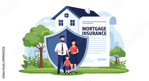 Flat vector illustration of family standing under protective shield shaped like house roof symbolizing mortgage insurance coverage and financial security for homeowners