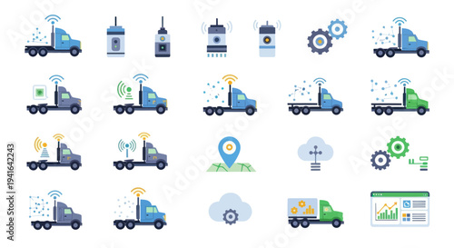 A diverse set of flat vector icons representing smart trucks logistics and fleet management technology.