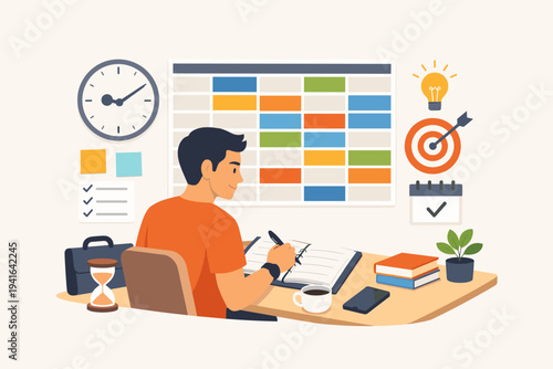 Time Blocking Concept Vector Illustration of a Man Staying Organized and Planning His Day Wisely at a Desk with a Schedule, Clock, Calendar, and Goal Icons for Productivity and Time Management.