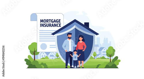 Flat vector illustration of family standing under protective shield shaped like house roof symbolizing mortgage insurance coverage and financial security for homeowners