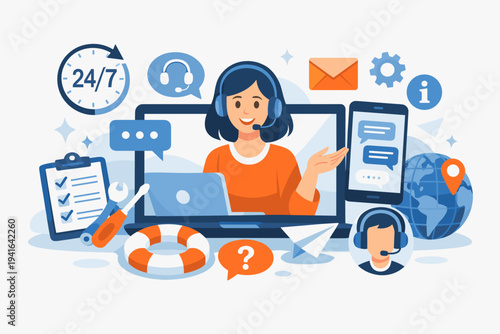 Customer service and 24/7 online support concept vector illustration. Flat design banner featuring a female operator with headset, laptop, smartphone chat, help icons, and technical tools.