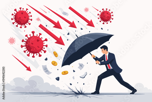 Businessman Protecting Himself with an Umbrella Against the Financial Impact of the COVID-19 Pandemic, Economic Recession, Falling Market Arrows, and Global Health Crisis Risks Vector Illustration