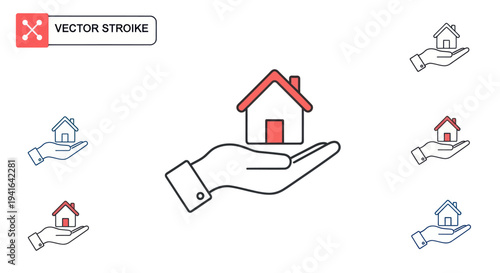 Hand Holding a House Icon with Red Roof and Door Real Estate Concept.