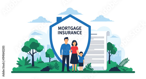 Flat vector illustration of family standing under protective shield shaped like house roof symbolizing mortgage insurance coverage and financial security for homeowners