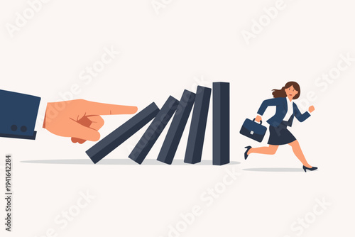 Business Concept of Domino Effect with a Large Hand Pushing Blocks Towards a Running Businesswoman Carrying a Briefcase, Representing Corporate Crisis, Risk Management, and Chain Reaction Stress.