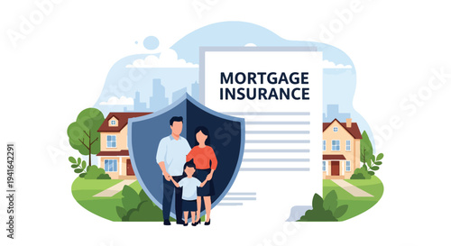 Flat vector illustration of family standing under protective shield shaped like house roof symbolizing mortgage insurance coverage and financial security for homeowners