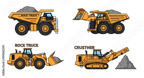 Collection of heavy construction and mining vehicles including dump trucks loader and crusher.