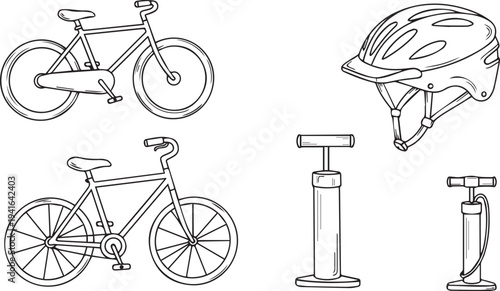 Set of 4 bicycle icons vector, bike, bicycle pump, helmet