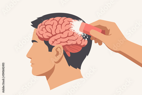 Vector Illustration of a Hand Erasing Part of the Human Brain of a Man, Symbolizing Memory Loss, Alzheimer's Disease, Dementia, Cognitive Decline, and Forgetting Important Information or Thoughts.