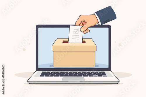 Digital Democracy Concept with Hand Putting Vote Ballot into Box on Laptop Screen. Flat Vector Illustration for Online Voting, Electronic Elections, Internet Polling, and Civic Engagement.
