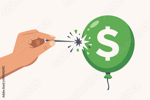 Hand with needle popping a green balloon with a dollar sign, conceptual vector illustration of an economic bubble bursting, financial crisis, market crash, inflation, and investment risk.