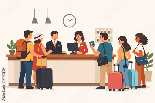 Flat vector illustration of a busy hotel reception lobby with diverse travelers checking in. Tourists with suitcases and backpacks standing at the counter with professional hotel staff members.