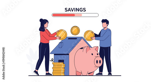 Flat vector illustration of couple saving coins into house shaped piggy bank to reach down payment goal for mortgage home purchase and financial planning