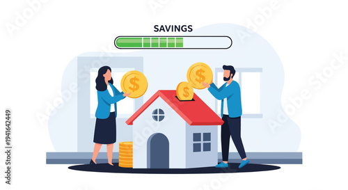 Flat vector illustration of couple saving coins into house shaped piggy bank to reach down payment goal for mortgage home purchase and financial planning