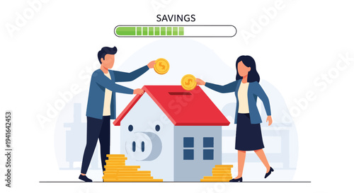Flat vector illustration of couple saving coins into house shaped piggy bank to reach down payment goal for mortgage home purchase and financial planning