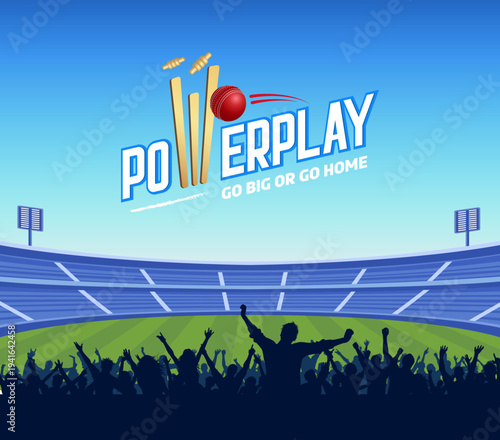 Cricket stadium background with 'Powerplay' typography and ball hitting stumps; ideal for sports tournament posters and gaming banners.