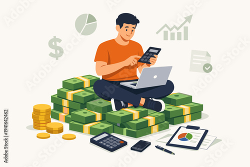 Vector Illustration of a Man Sitting on a Pile of Cash Managing Personal Finances, Using a Laptop and Calculator for Budgeting, Accounting, Investment Planning, and Wealth Management Analysis.