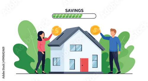Flat vector illustration of couple saving coins into house shaped piggy bank to reach down payment goal for mortgage home purchase and financial planning