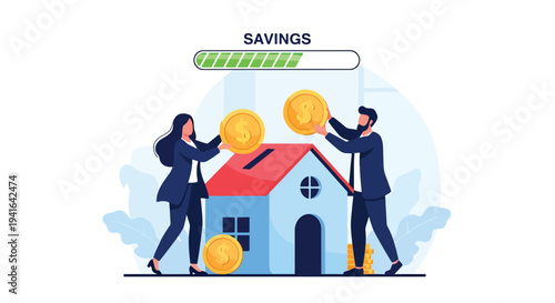 Flat vector illustration of couple saving coins into house shaped piggy bank to reach down payment goal for mortgage home purchase and financial planning