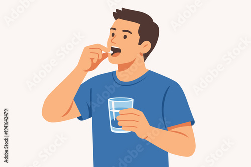 Flat vector illustration of a young man taking a pill or medicine capsule and holding a glass of water, concept of healthcare, medication, daily supplement, vitamin intake, and wellness.