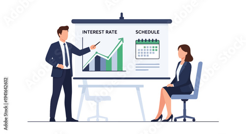 Modern flat vector illustration of mortgage broker presenting interest rate chart and loan terms to clients in office meeting. Real estate financing consultation concept